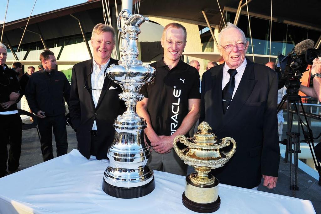 Bob Oatley and Jimmy Spithill with The Cup  © Jeni Bone
